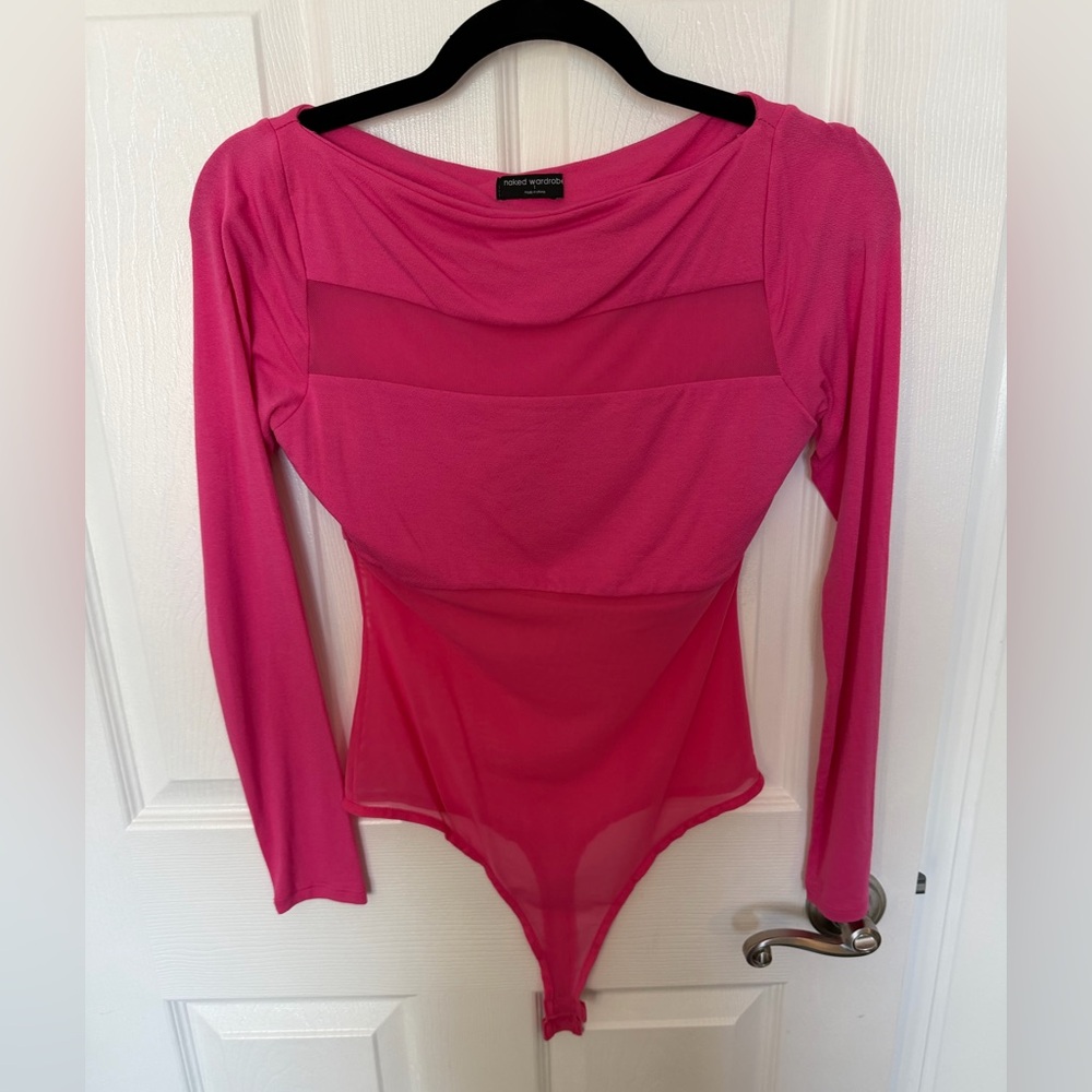 naked wardrobe Hot Pink Long-Sleeve Mesh Panel Bodysuit